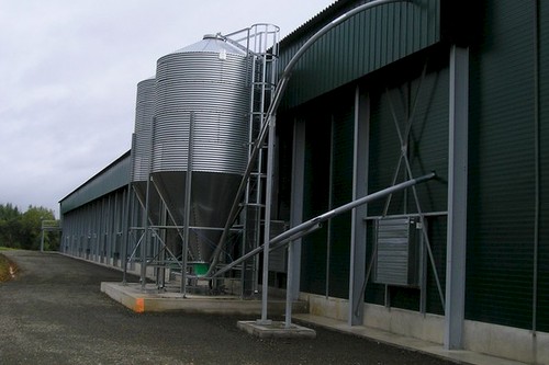 Silo de stockage d'aliment avec vis d'alimentation pour remplir les chariots d'alimentation en automatique.